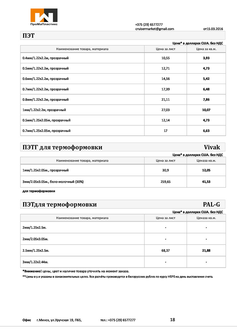 Лист ПЭТ и ПЭТГ для термоформовки - цены в различных толшинах